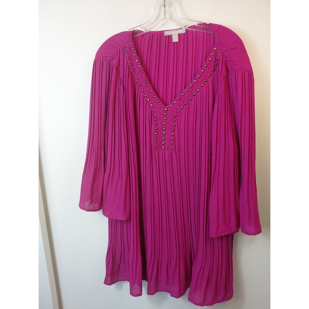 Woman Within Fuchsia Pleated Studded V-Neck Tunic Blouse Size L (18/20)